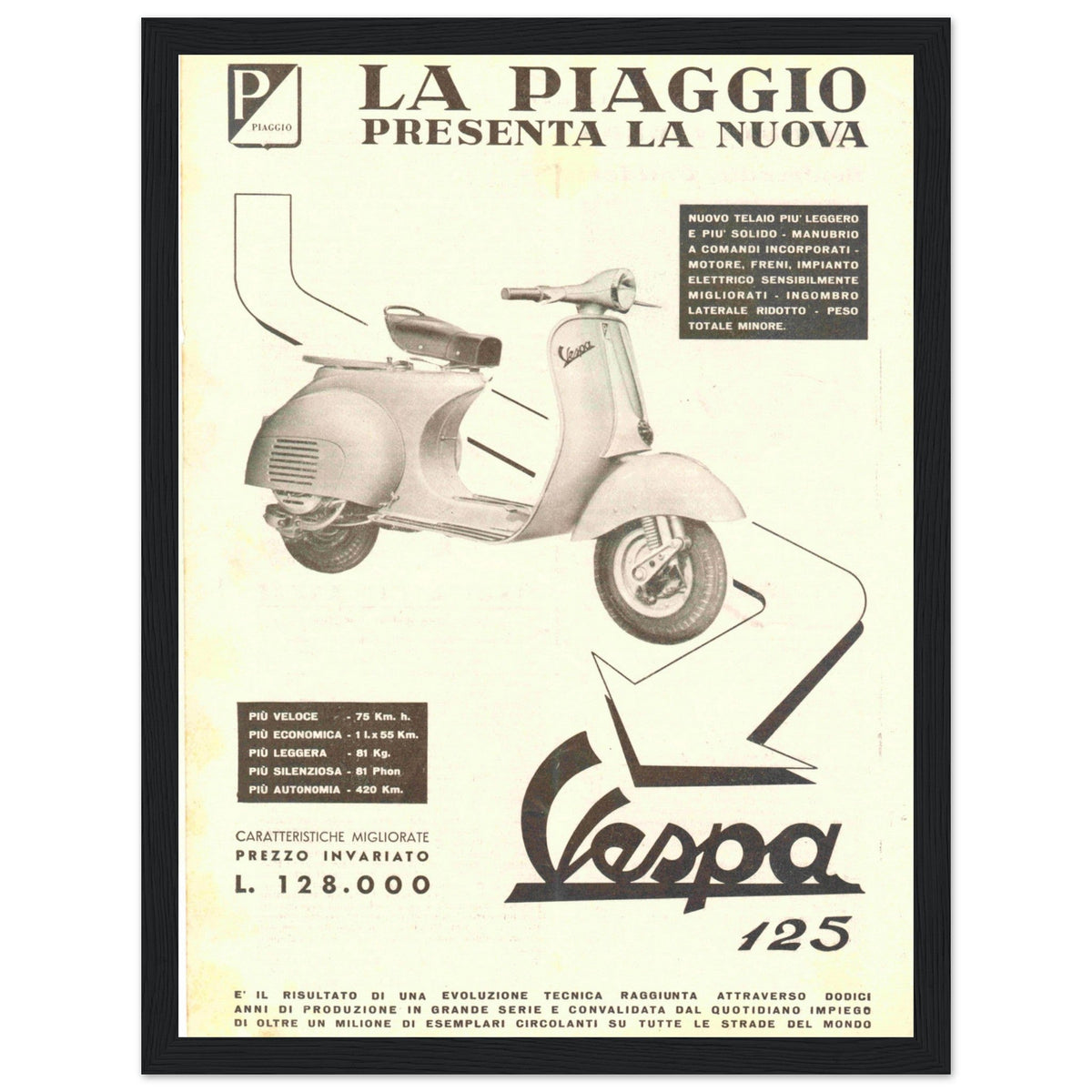 Vespa Vintage Advertising Poster – Italian Scooter Art – black frame mockup
