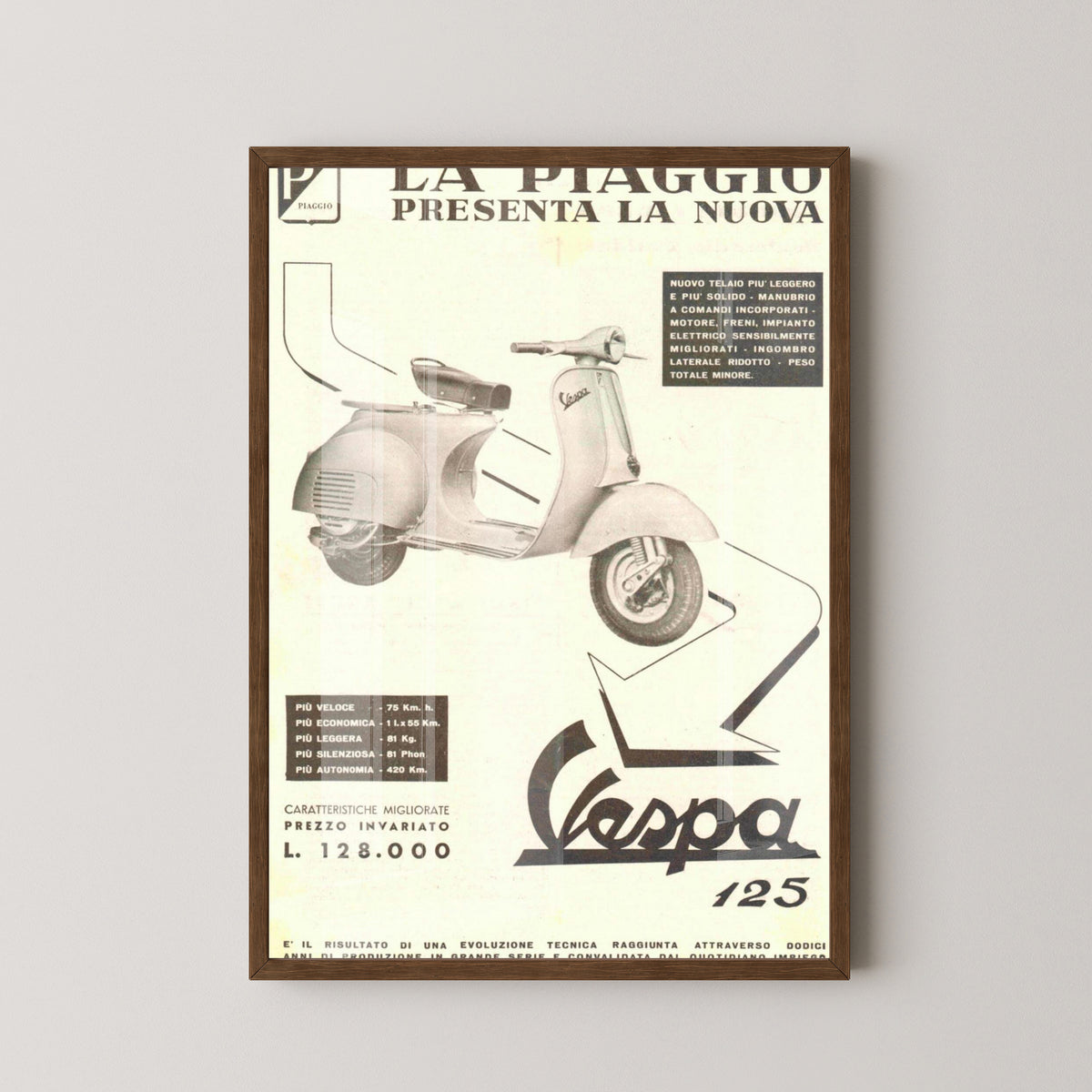 Vespa Vintage Advertising Poster – Italian Scooter Art – dark wood frame mockup