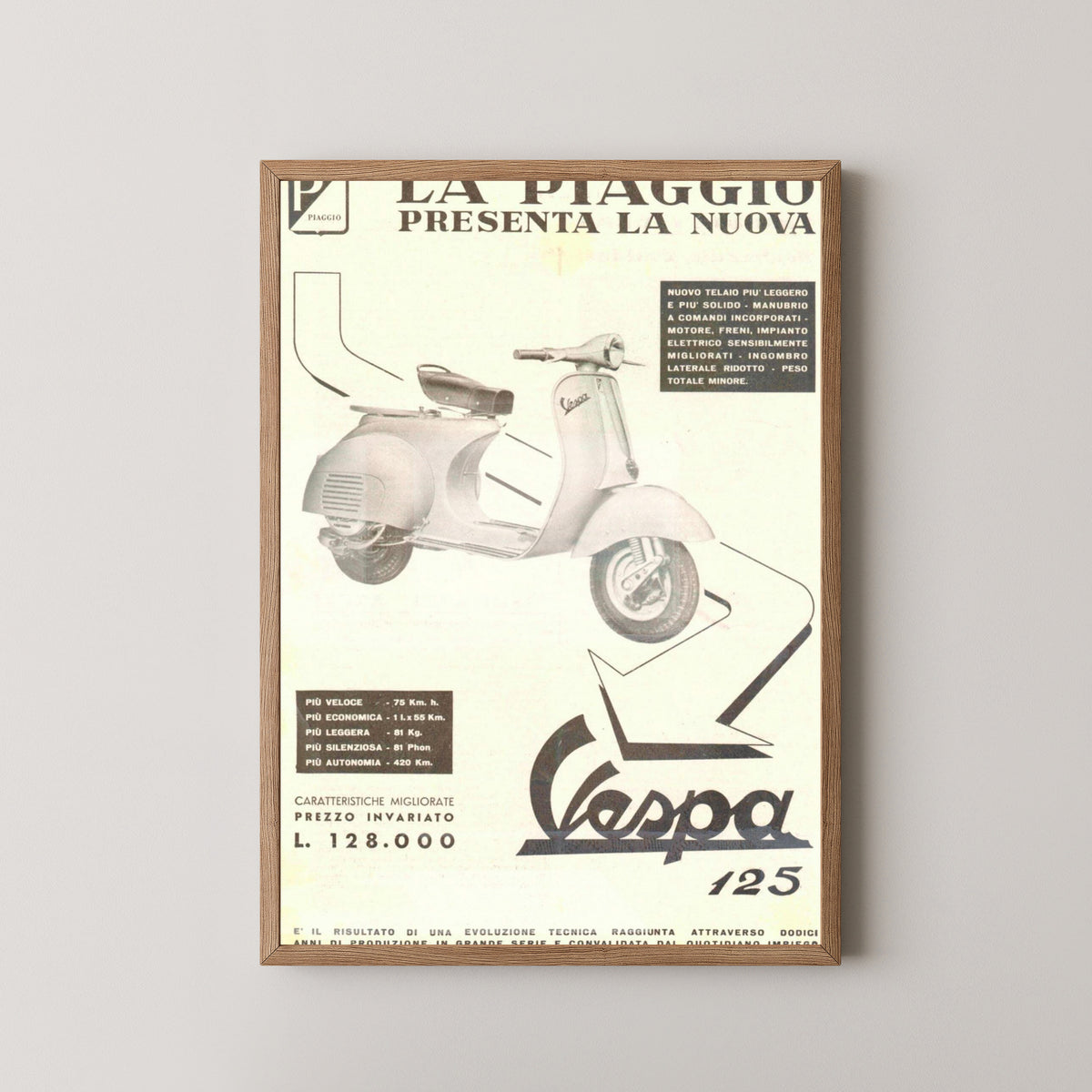 Vespa Vintage Advertising Poster – Italian Scooter Art – light wood frame mockup