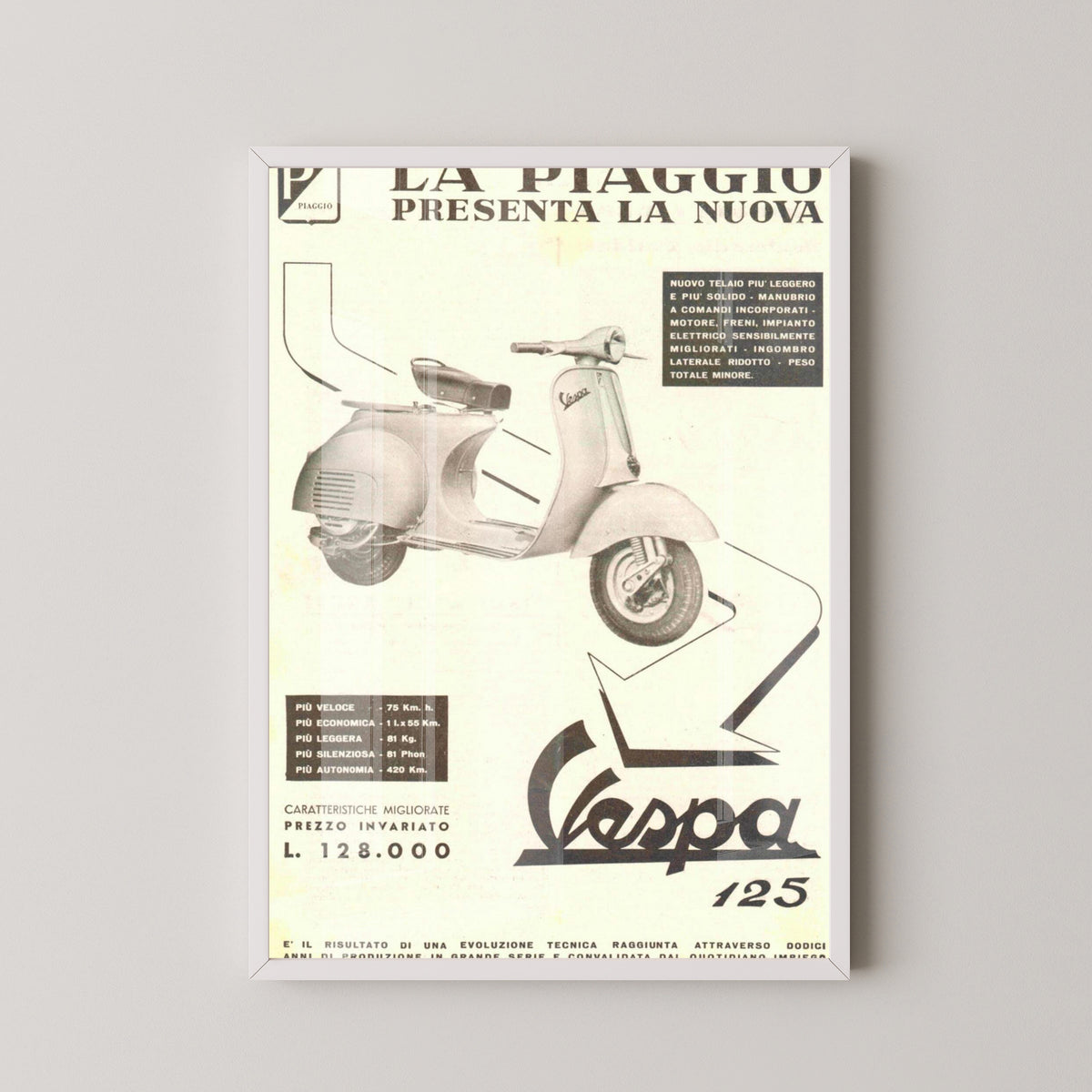 Vespa Vintage Advertising Poster – Italian Scooter Art – white frame mockup