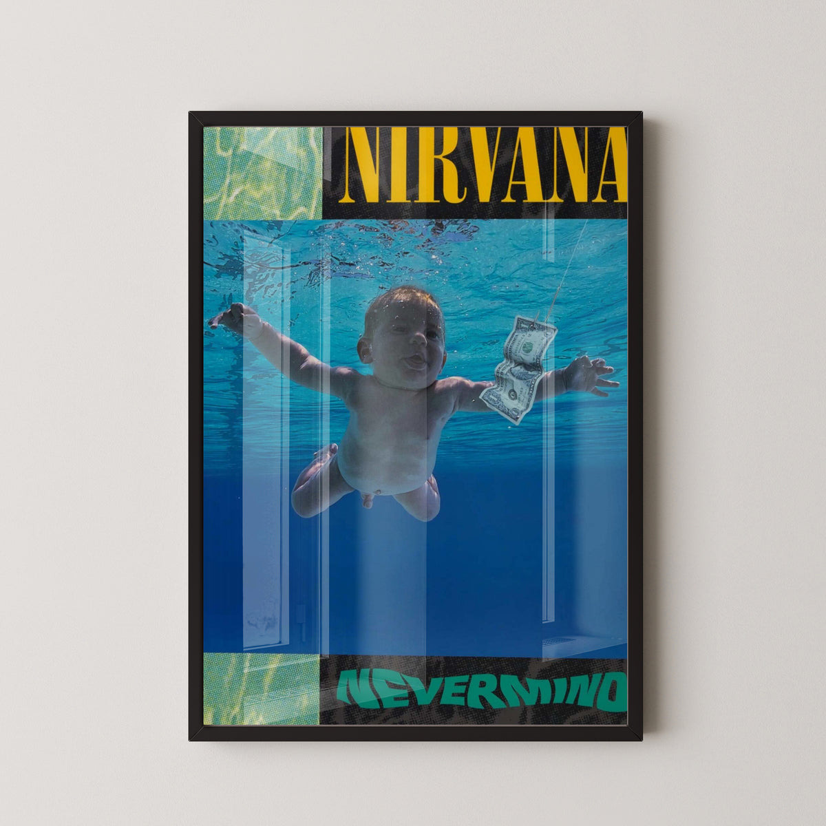 Nirvana Nevermind Poster – Iconic Grunge Album Art – black frame mockup