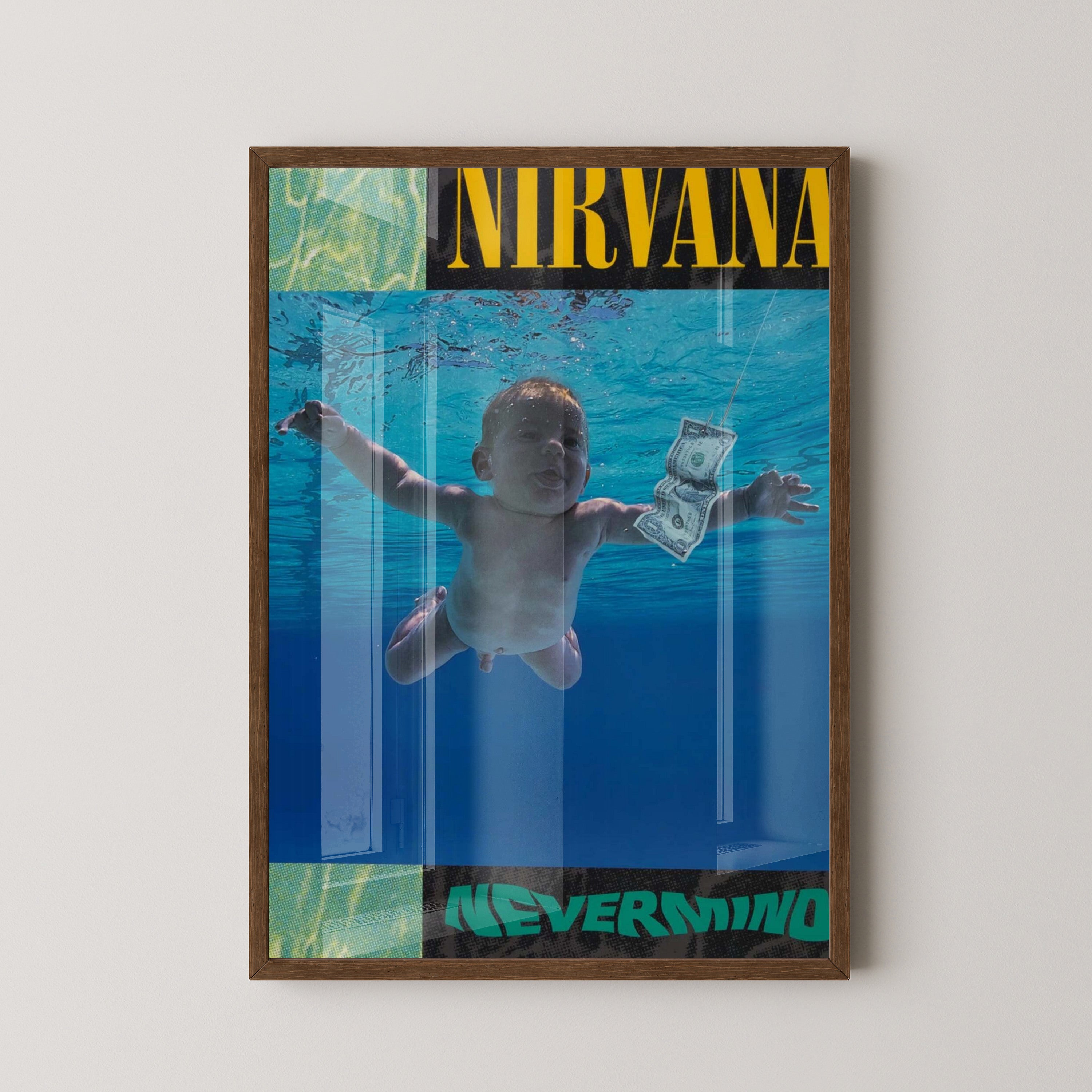 Nirvana Nevermind Poster – Iconic Grunge Album Art – dark wood frame mockup