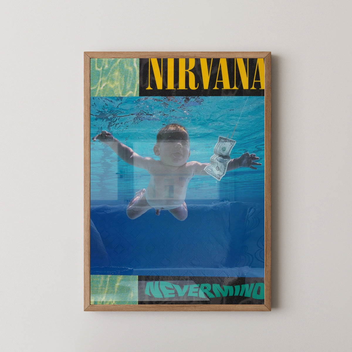 Nirvana Nevermind Poster – Iconic Grunge Album Art – light wood frame mockup