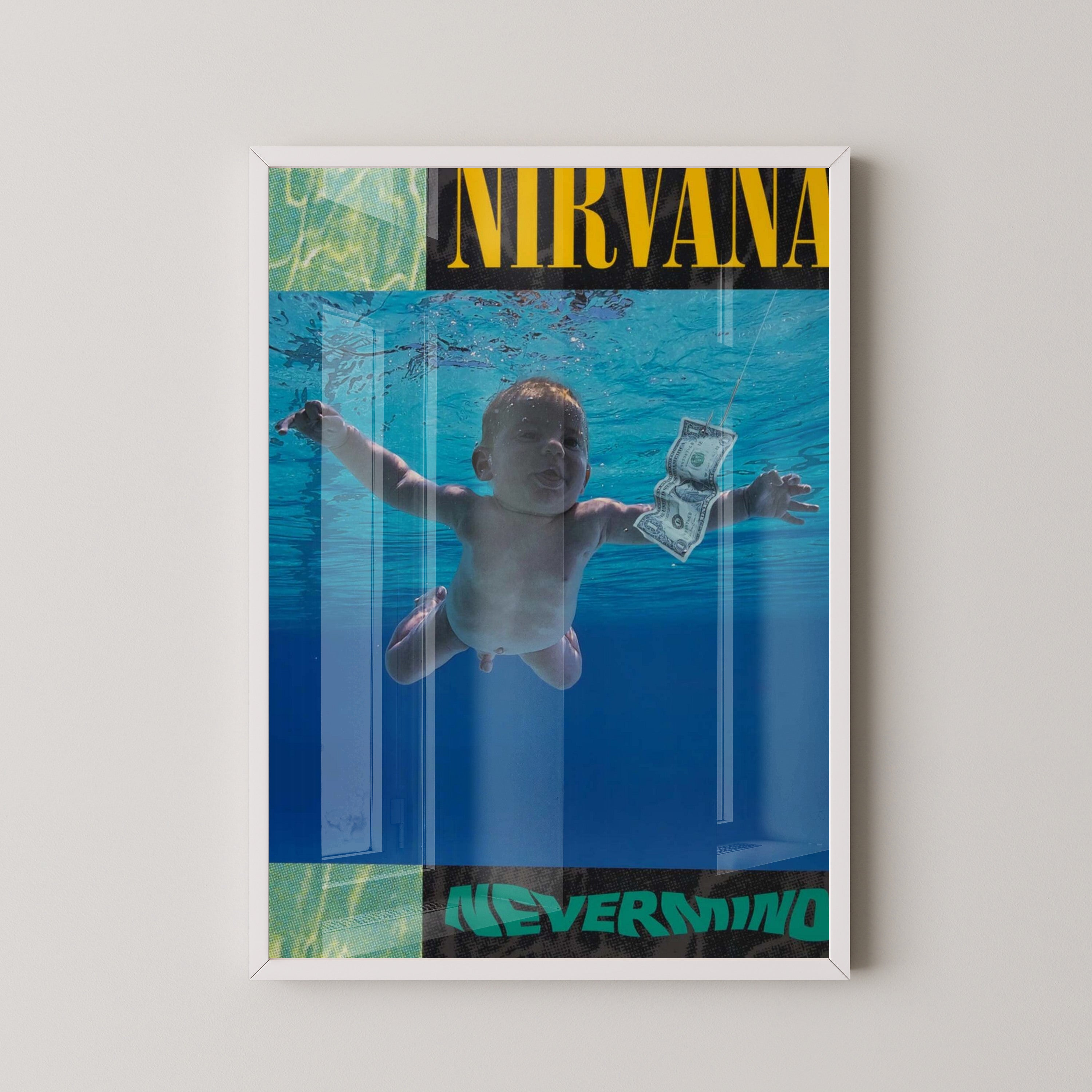 Nirvana Nevermind Poster – Iconic Grunge Album Art – white frame mockup