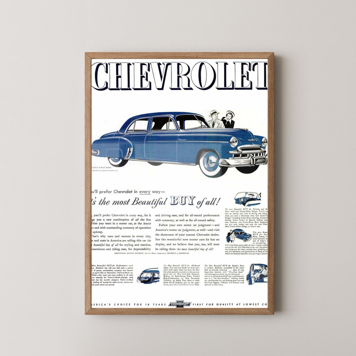 Chevrolet Styleline Deluxe Poster – Classic Car Art – light wood frame mockup