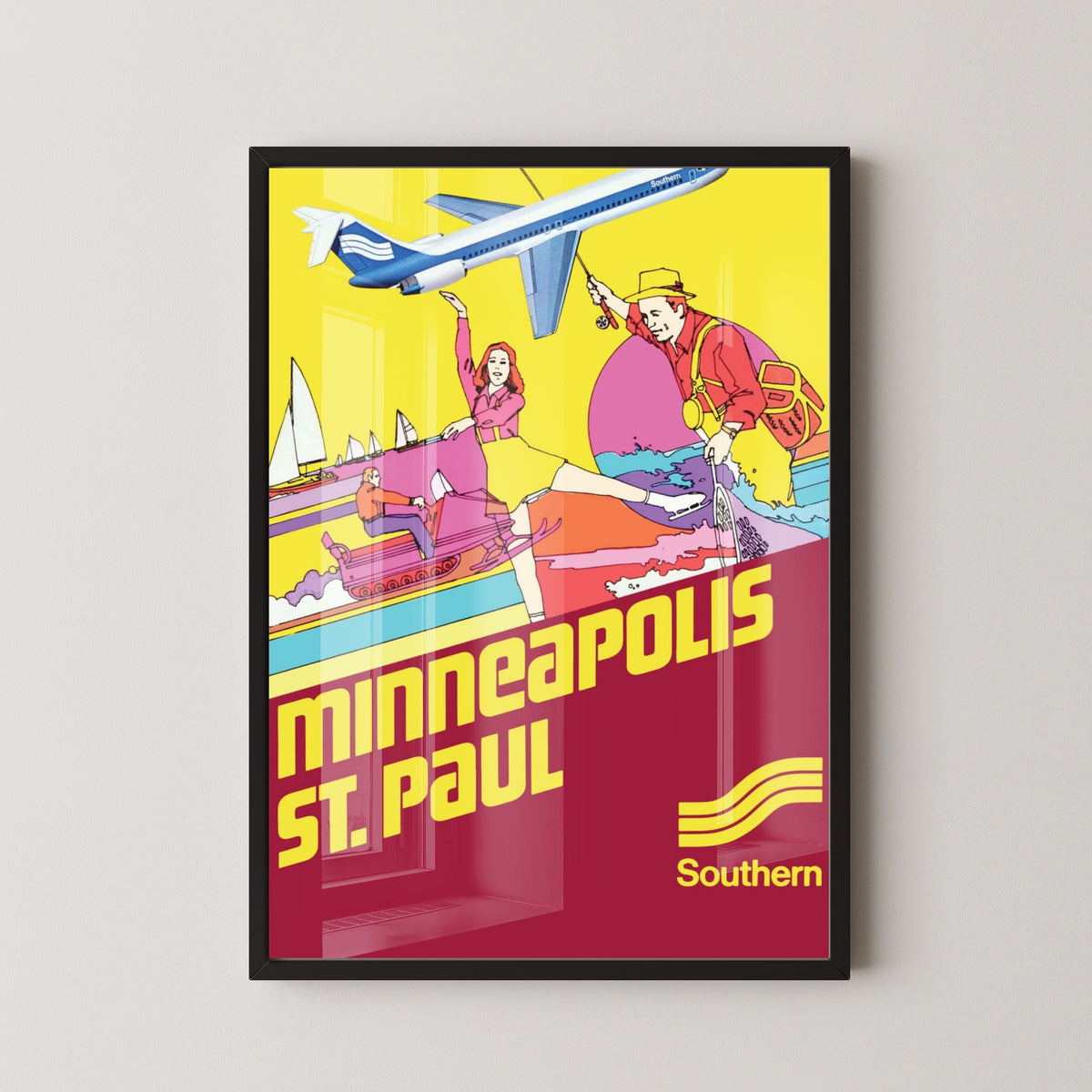 Minneapolis Southern Airlines Vintage Travel Poster – black frame mockup