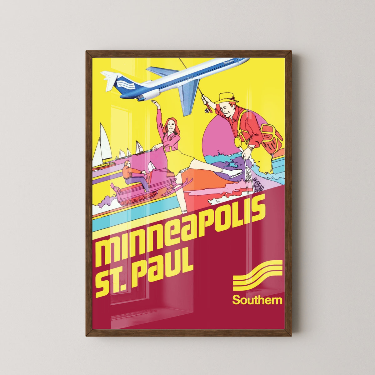 Minneapolis Southern Airlines Vintage Travel Poster – dark wood frame mockup