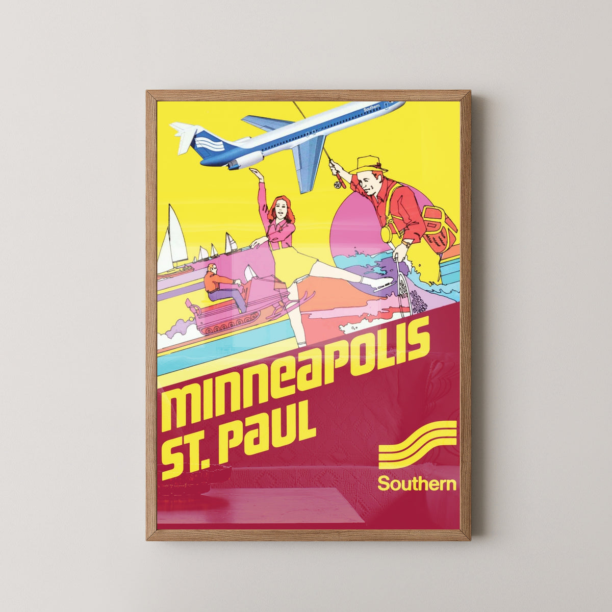 Minneapolis Southern Airlines Vintage Travel Poster – light wood frame mockup
