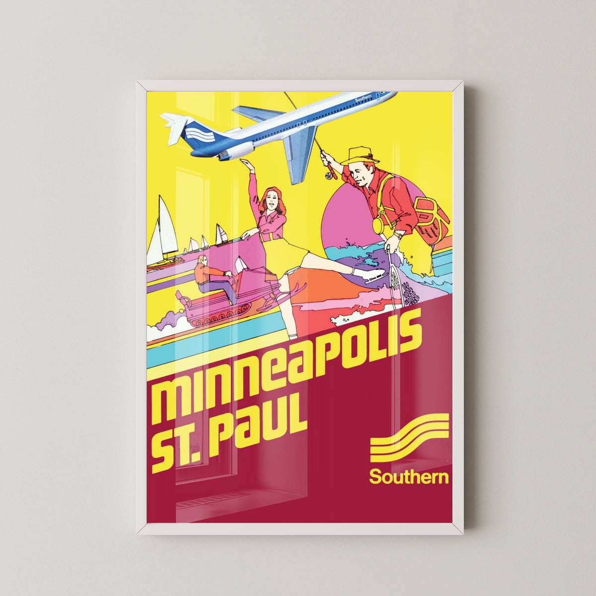Minneapolis Southern Airlines Vintage Travel Poster – white frame mockup