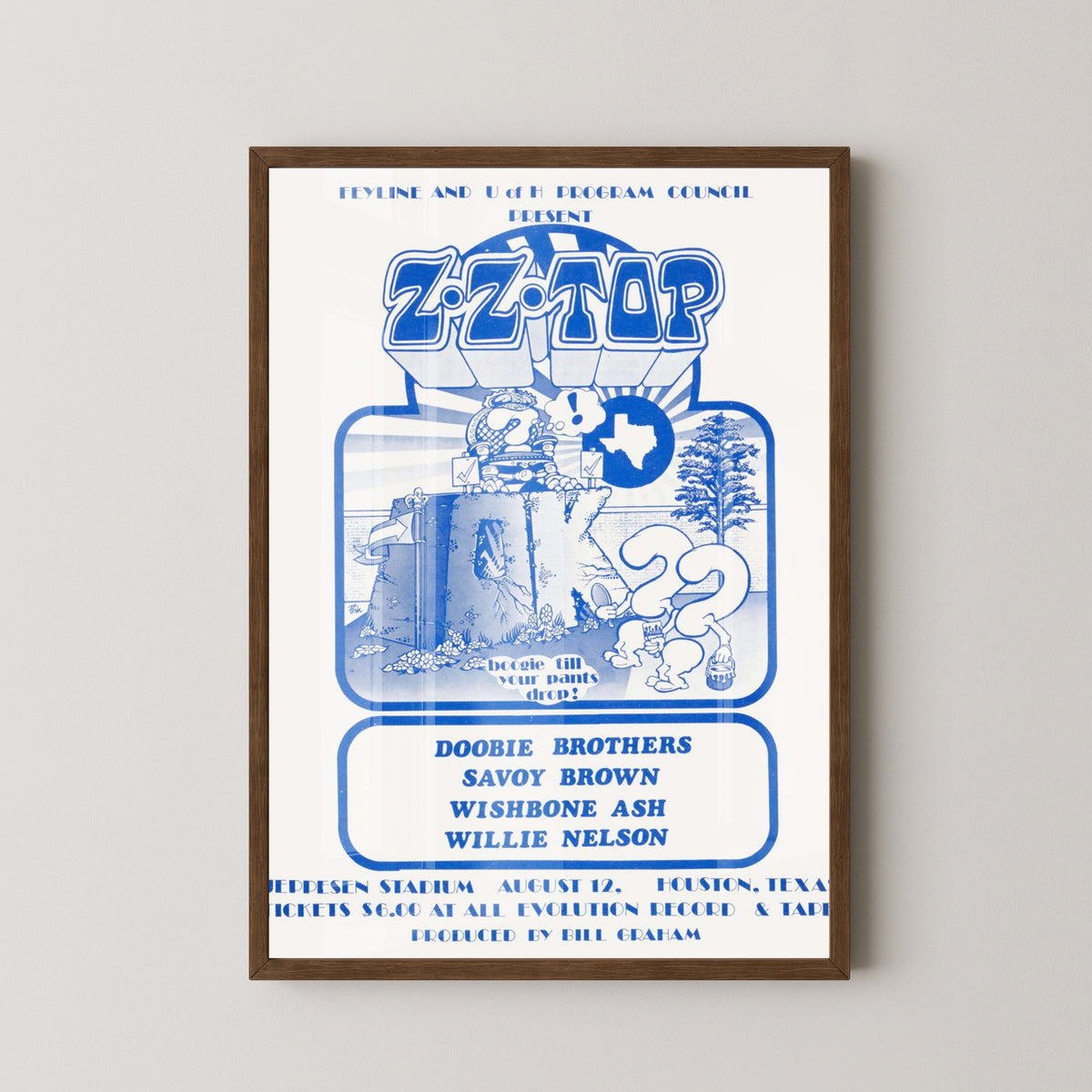 ZZ Top Multi-Artist Concert Poster – Classic Rock Art – dark wood frame mockup