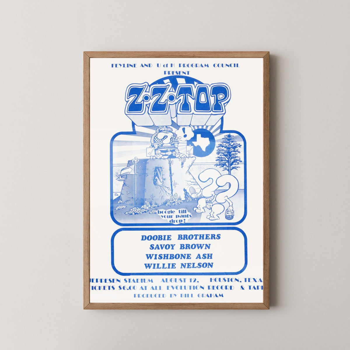 ZZ Top Multi-Artist Concert Poster – Classic Rock Art – light wood frame mockup