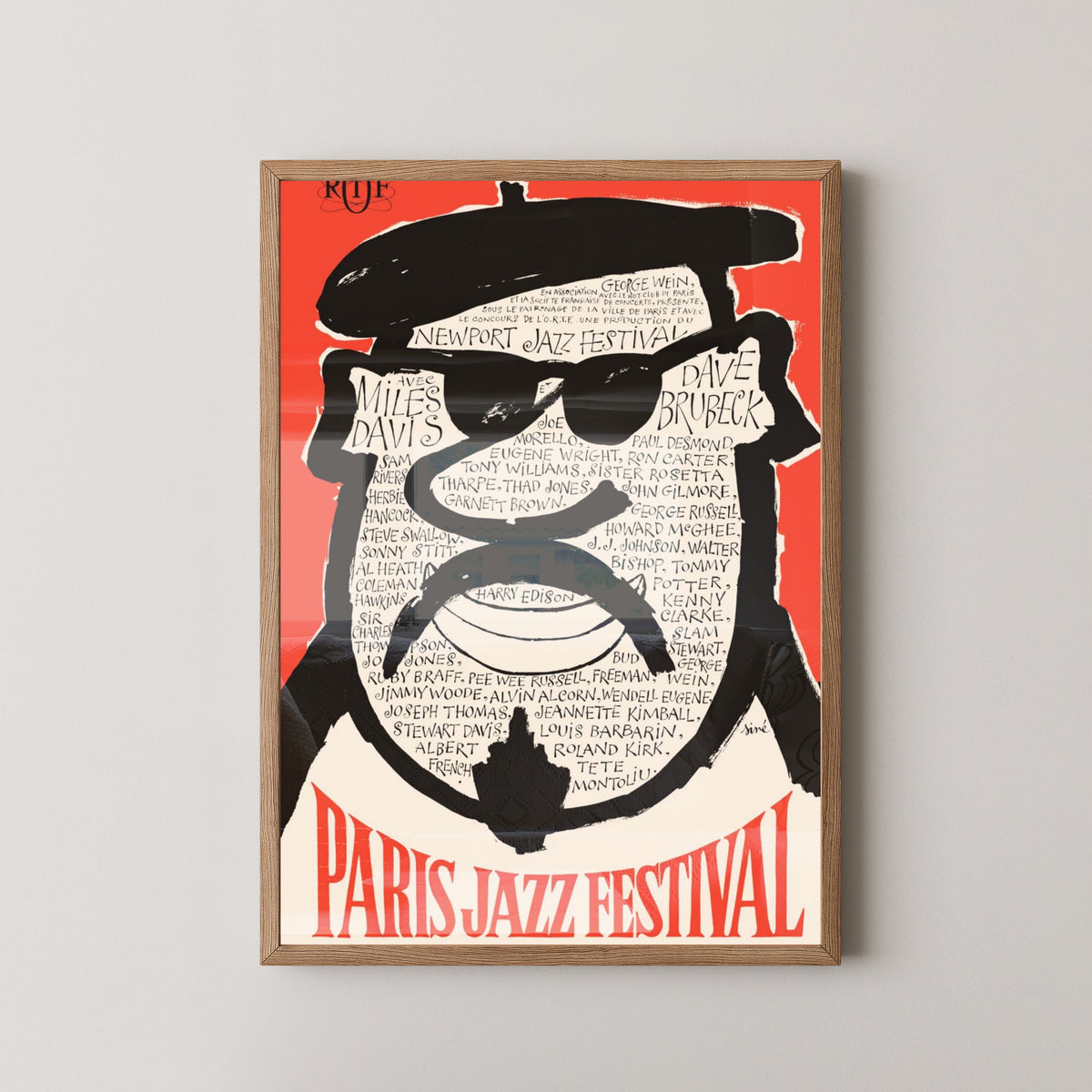 Paris Jazz Festival Poster – Miles Davis & Dave Brubeck – light wood frame mockup