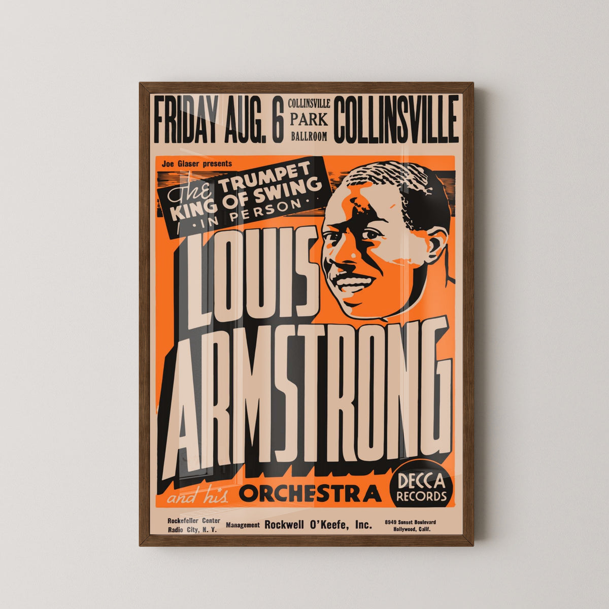 Louis Armstrong Collinsville Concert Poster – dark wood frame mockup