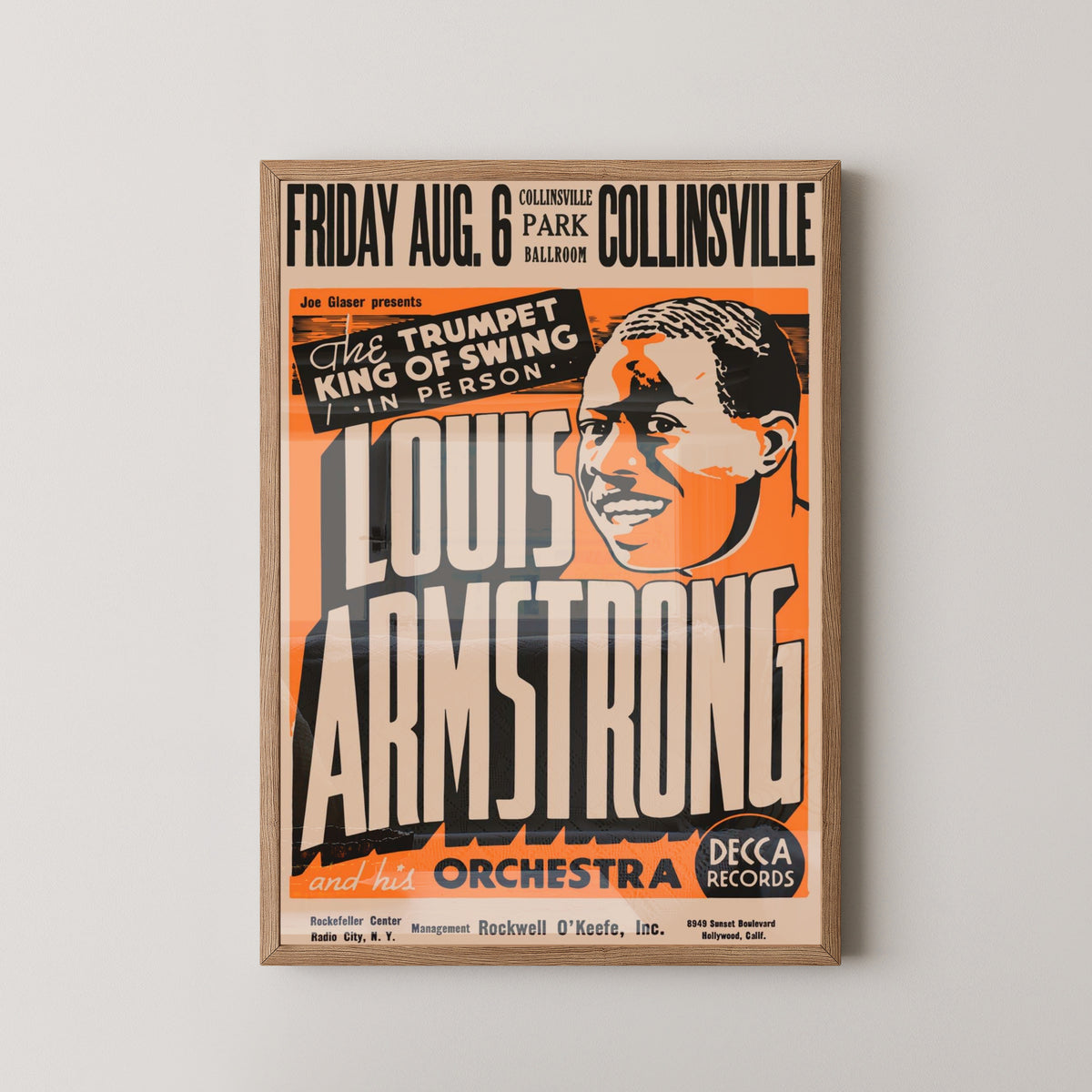 Louis Armstrong Collinsville Concert Poster – light wood frame mockup