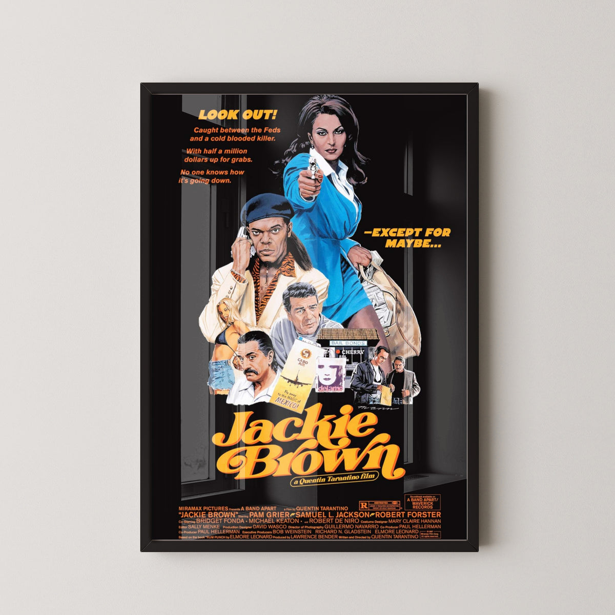 Jackie Brown 1997 Movie Poster – Tarantino Film Art – black frame mockup