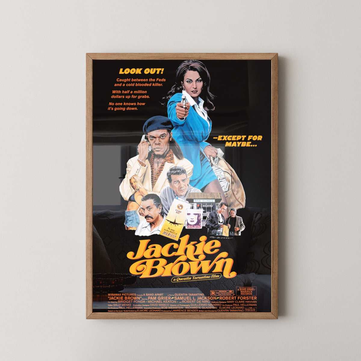 Jackie Brown 1997 Movie Poster – Tarantino Film Art – light wood frame mockup