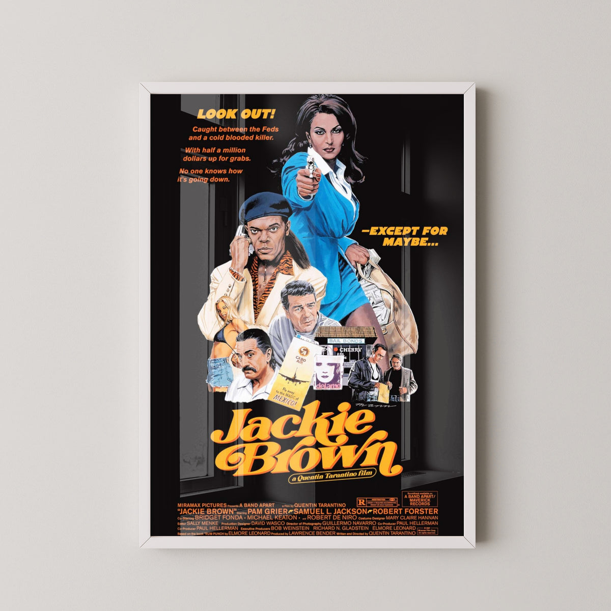 Jackie Brown 1997 Movie Poster – Tarantino Film Art – white frame mockup