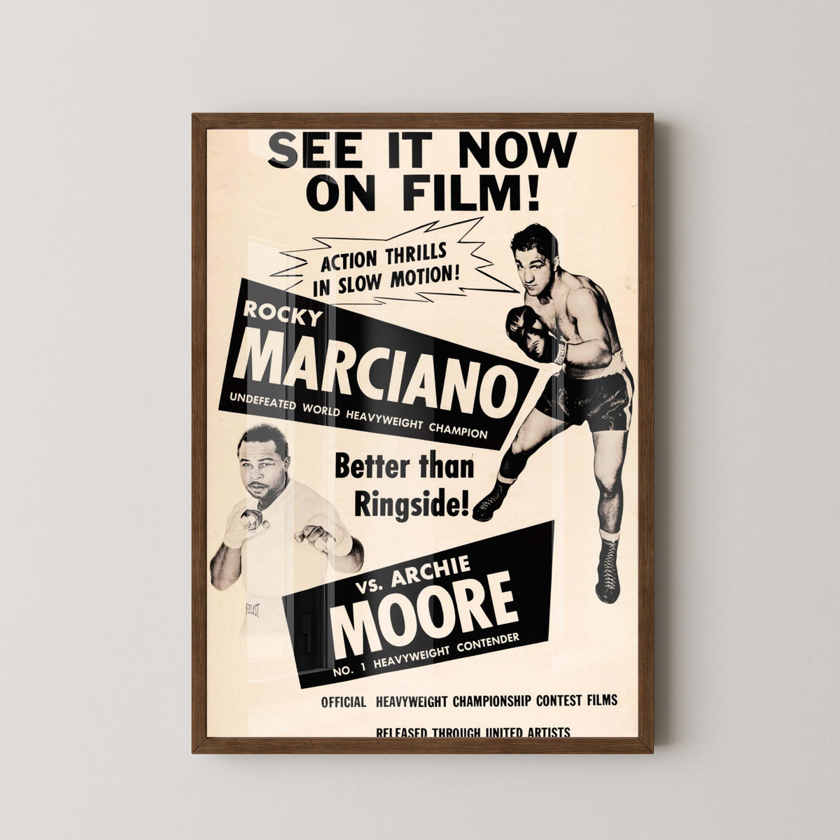 Rocky Marciano Boxing Poster – Vintage Heavyweight Art – dark wood frame mockup