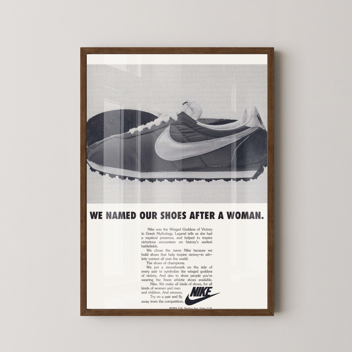 Nike Women Vintage Advertisement Poster – dark wood frame mockup