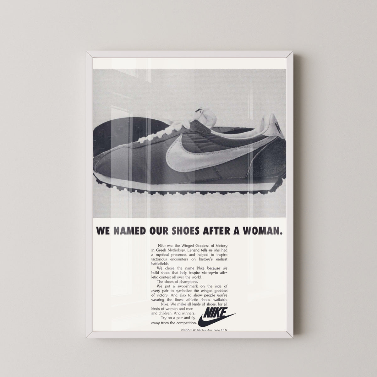 Nike Women Vintage Advertisement Poster – white frame mockup