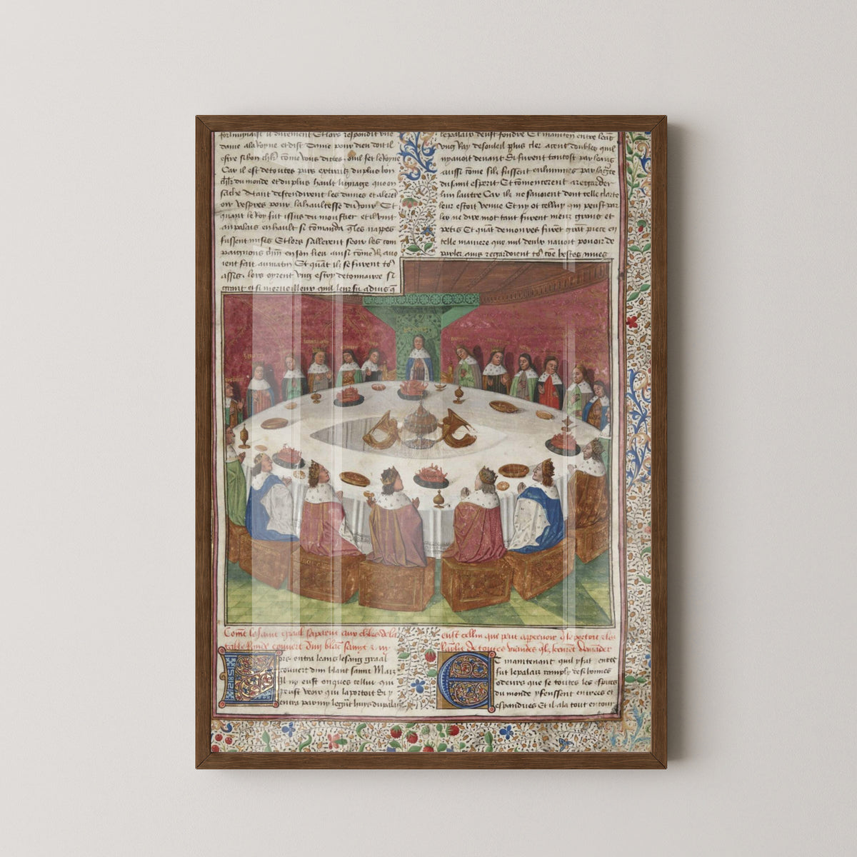 King Arthur’s Knights Poster – Medieval Manuscript Art – dark wood frame mockup