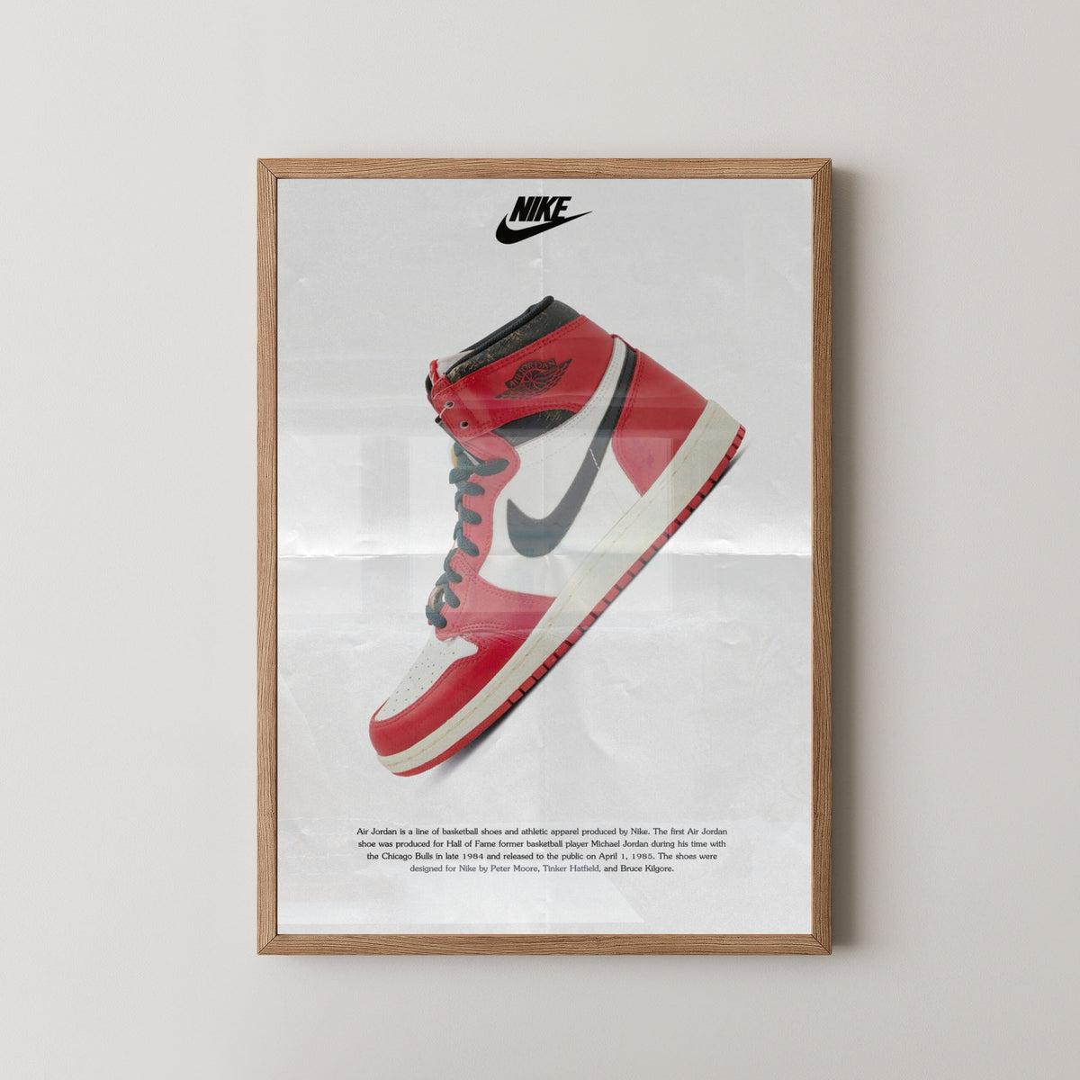 Nike Air Jordan Vintage Advertisement Poster – light wood frame mockup