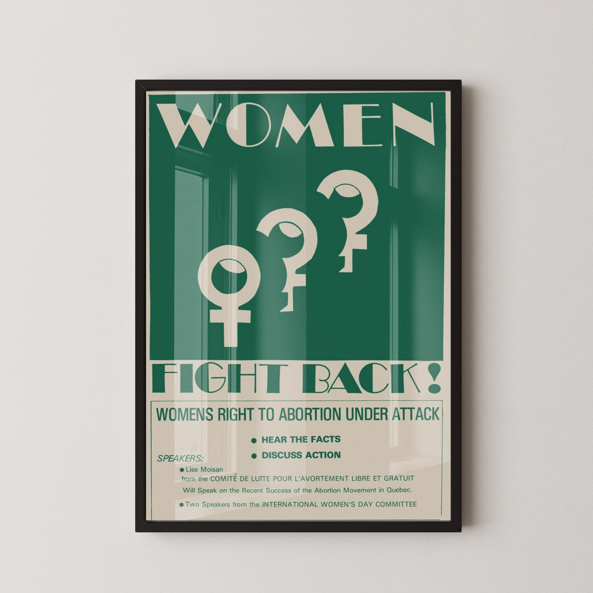 Women Fight Back Poster – 1970s Feminist Protest Art – black frame mockup