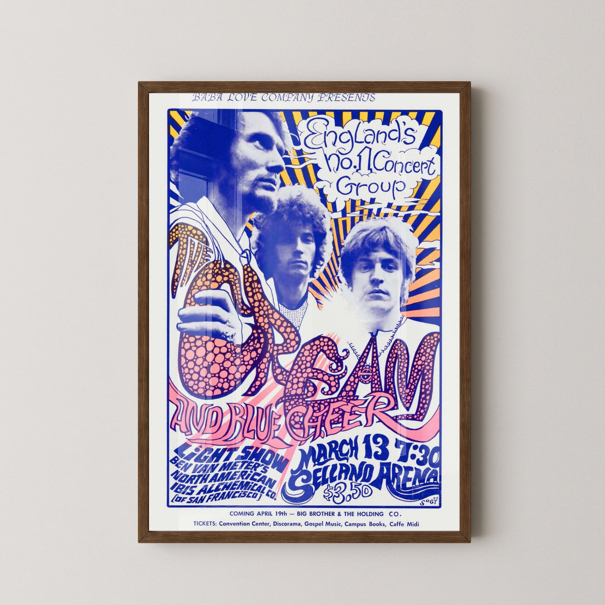 Cream Live Band Poster – Vintage Rock Art – dark wood frame mockup