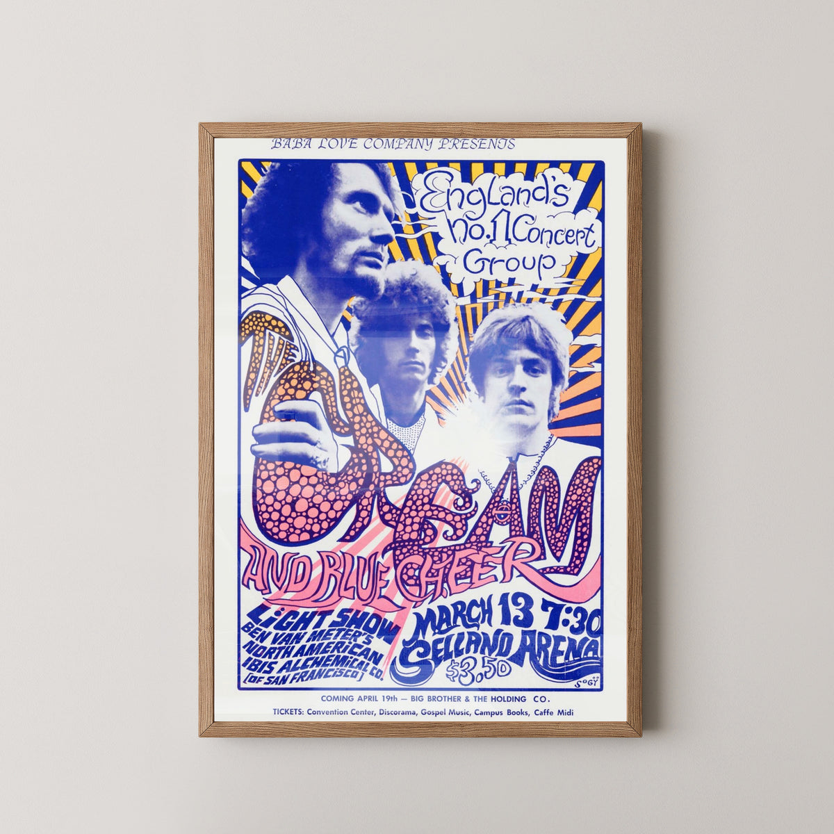 Cream Live Band Poster – Vintage Rock Art – light wood frame mockup