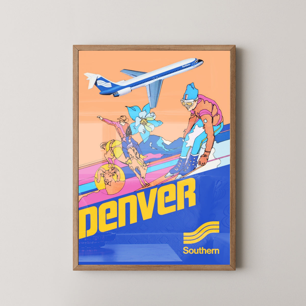 Denver Southern Airlines Poster – Vintage Colorado Travel Art – light wood frame mockup