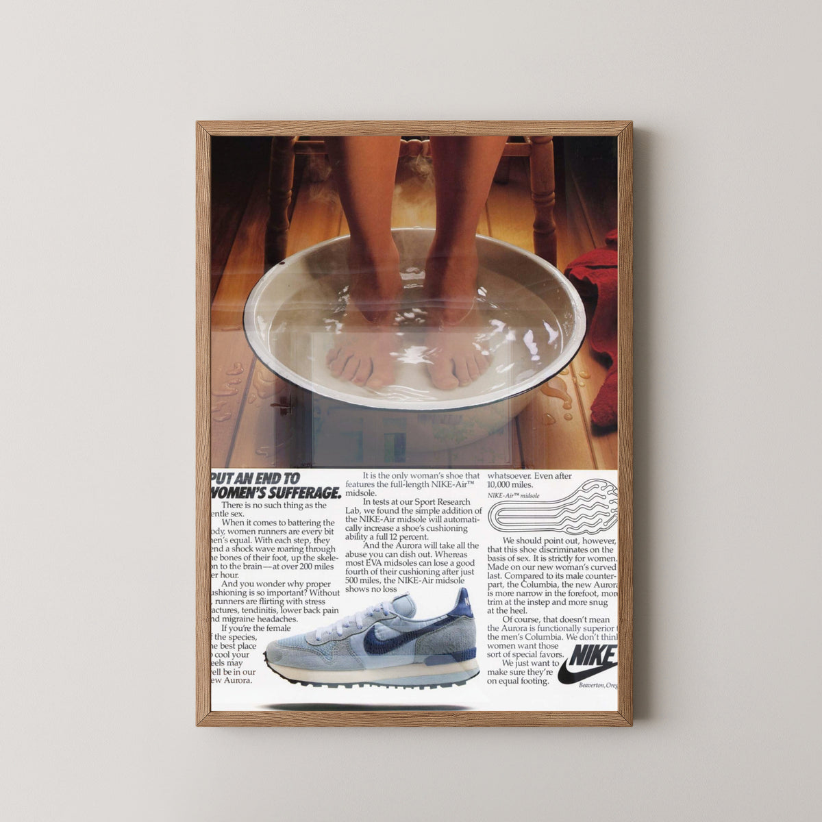 Nike Vintage Running Advertisement Poster – light wood frame mockup