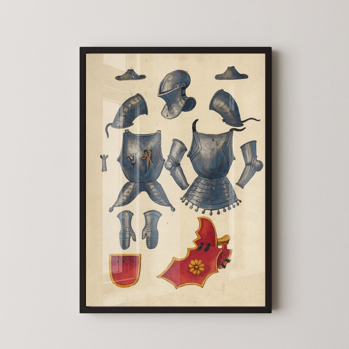 Medieval Knights & Armor Poster – German Manuscript Art – black frame mockup