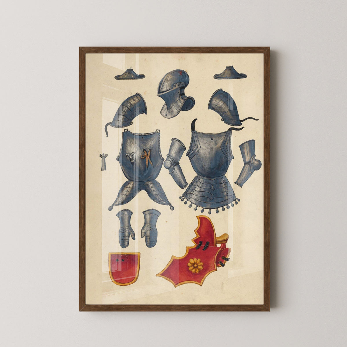 Medieval Knights & Armor Poster – German Manuscript Art – dark wood frame mockup