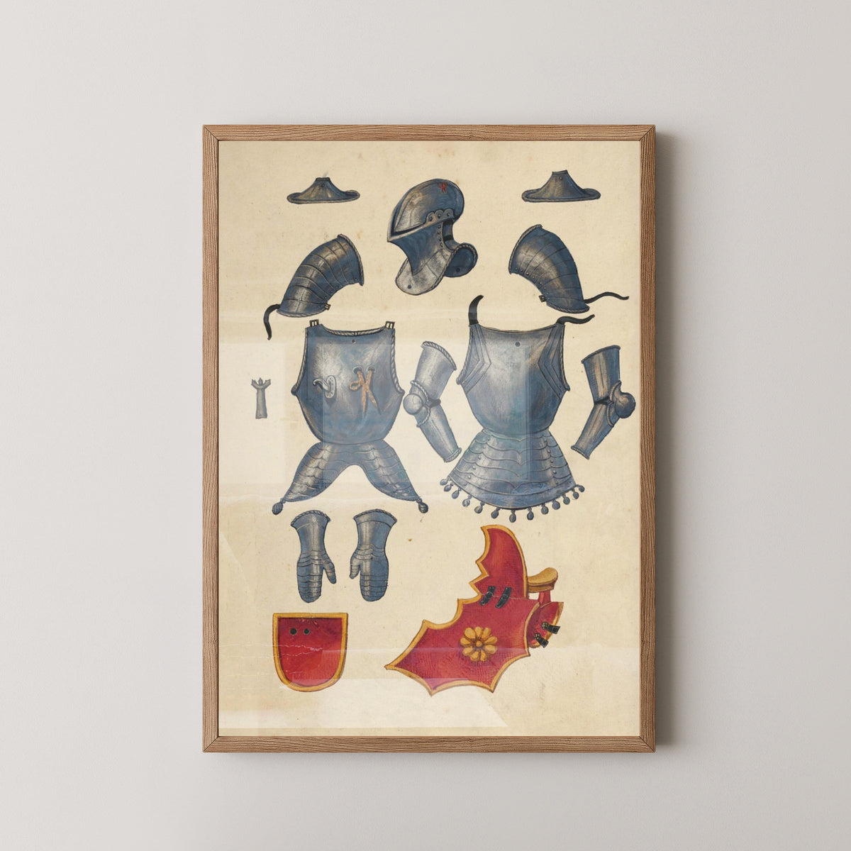 Medieval Knights & Armor Poster – German Manuscript Art – light wood frame mockup