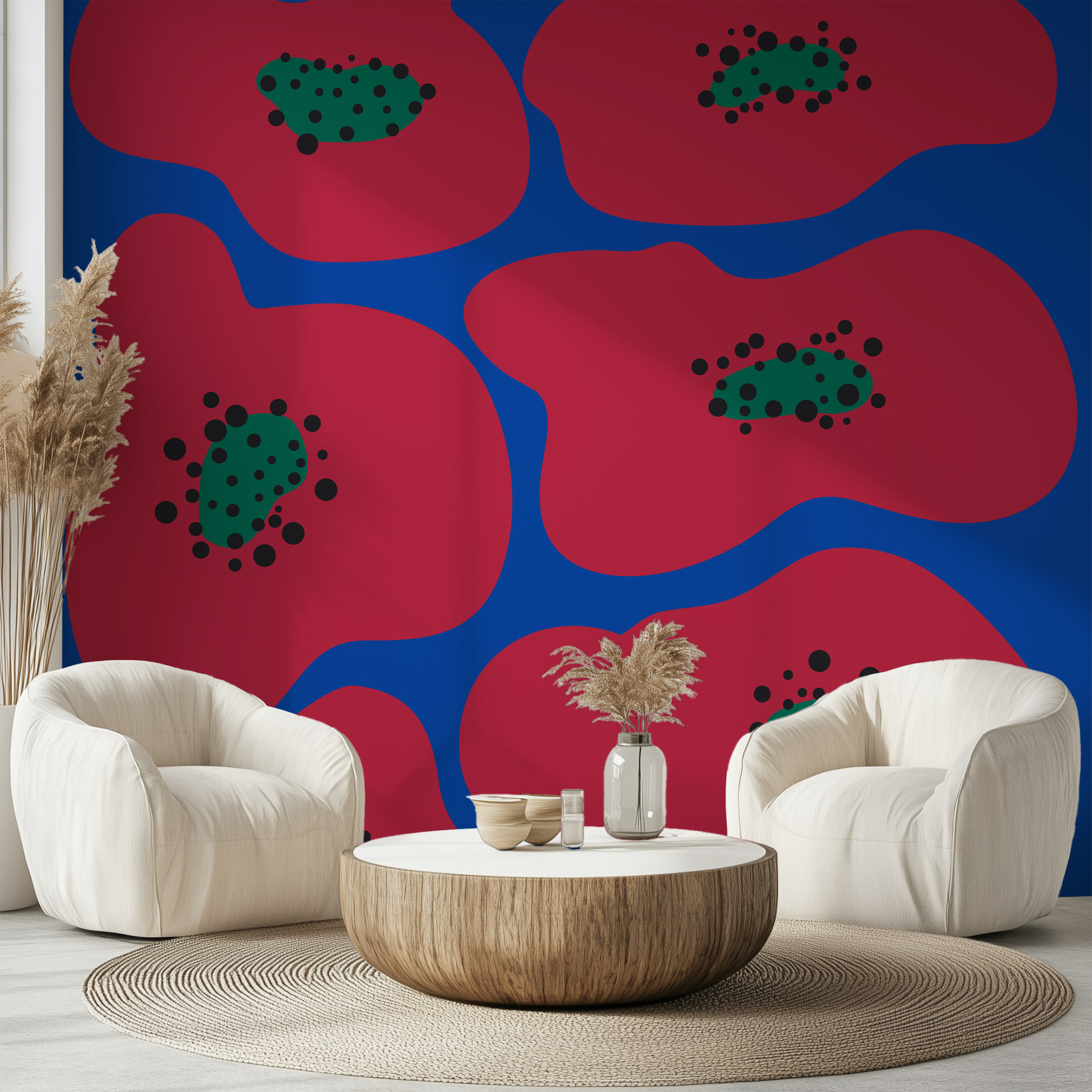 Abstract floral wallpaper with simplified red flowers against vivid blue