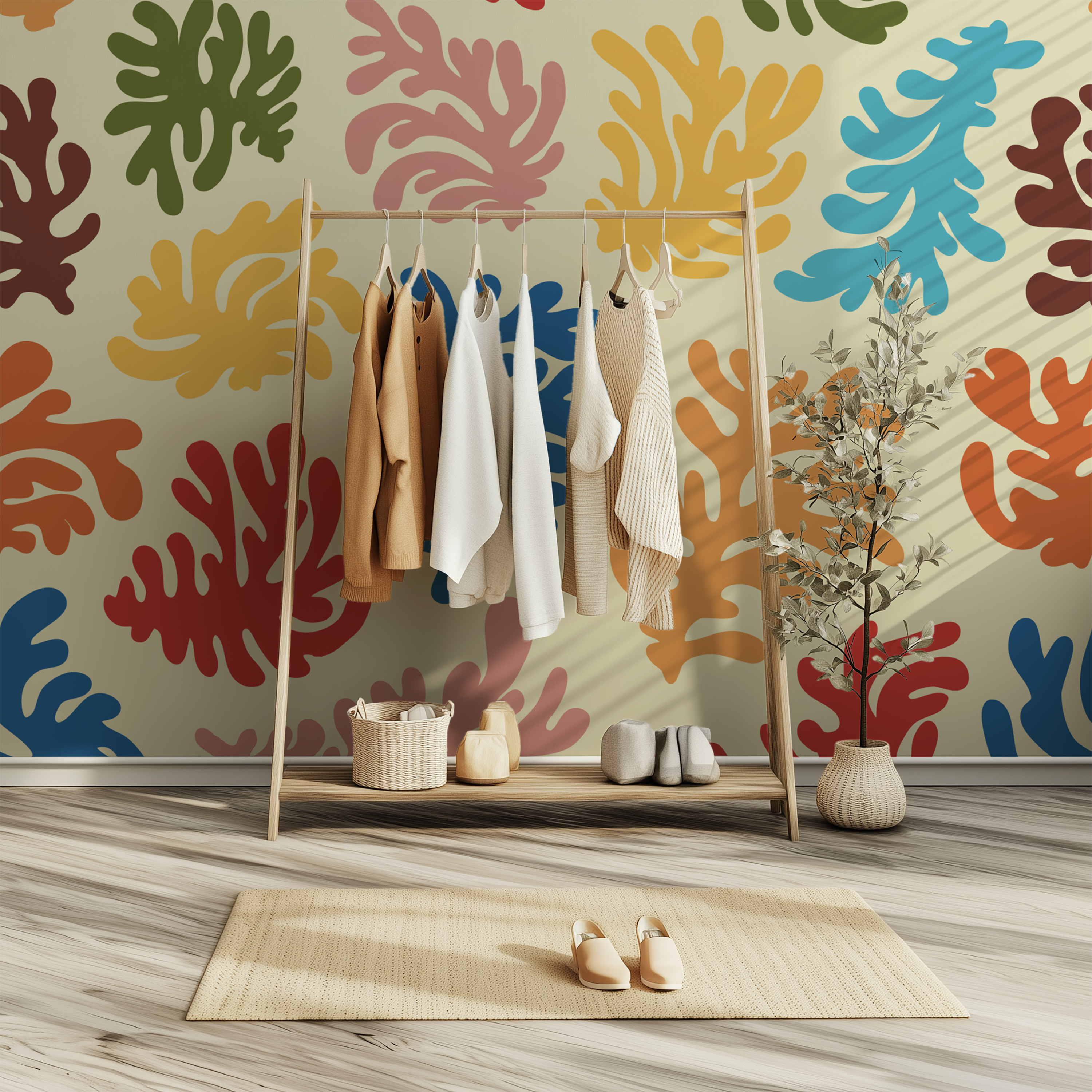 Abstract leaf wallpaper with oversized multicolor botanical cutout shapes