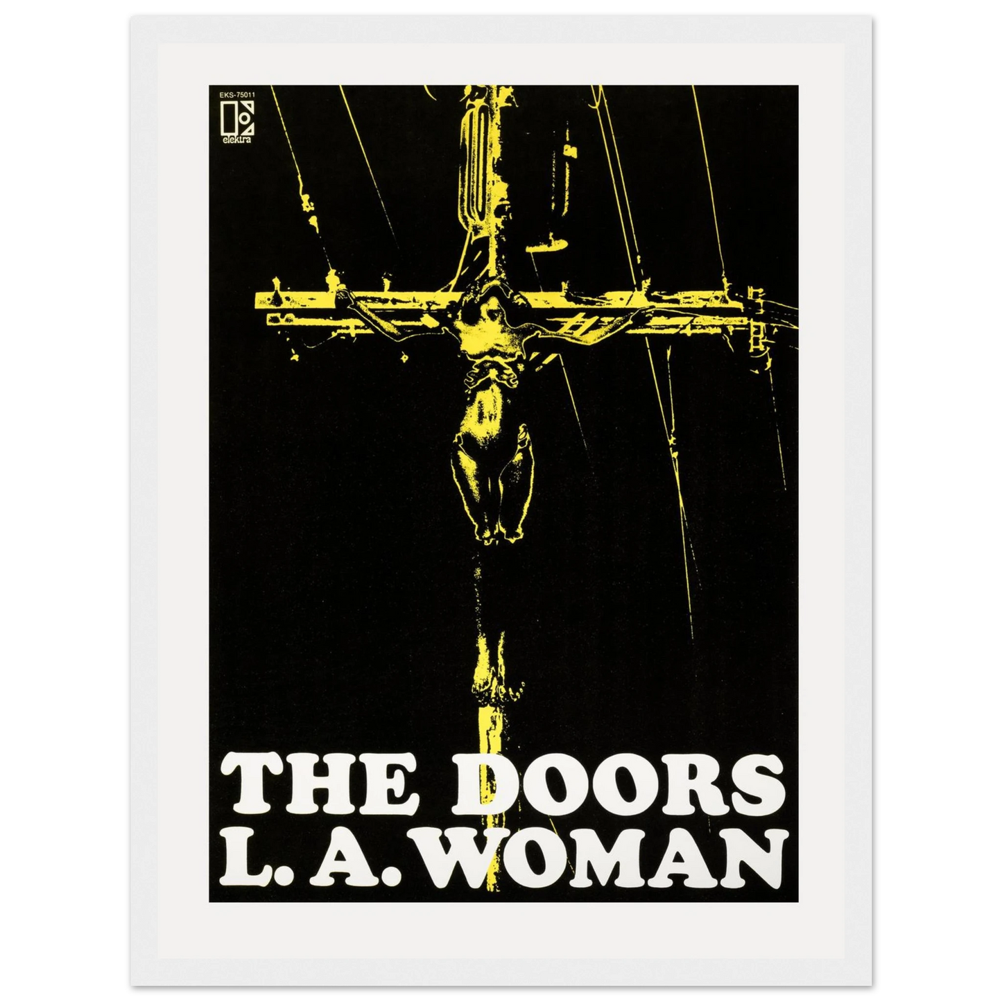 Classic rock wall art print featuring L.A. Woman by The Doors, with retro typography and bold colors from the original album cover.