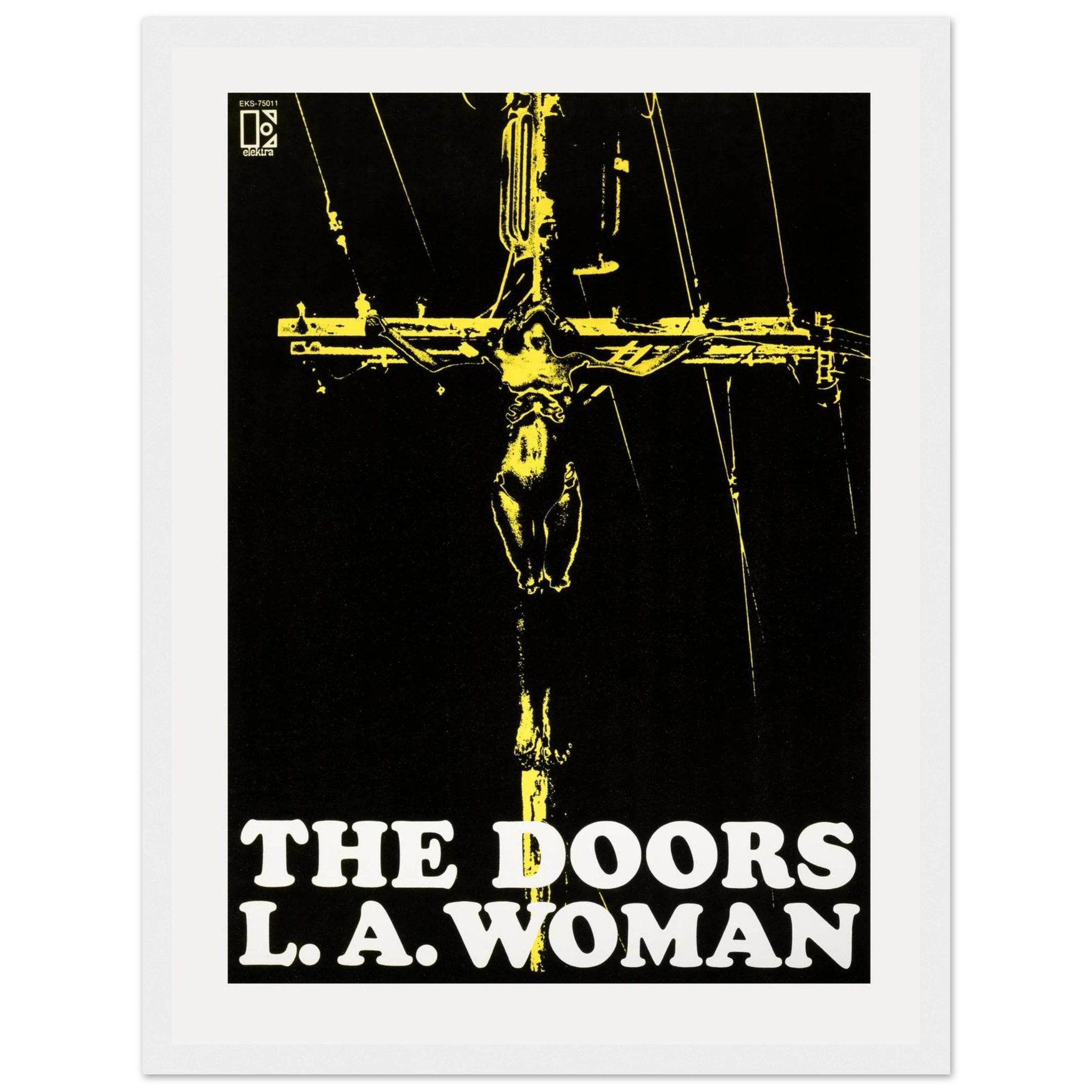 Classic rock wall art print featuring L.A. Woman by The Doors, with retro typography and bold colors from the original album cover.
