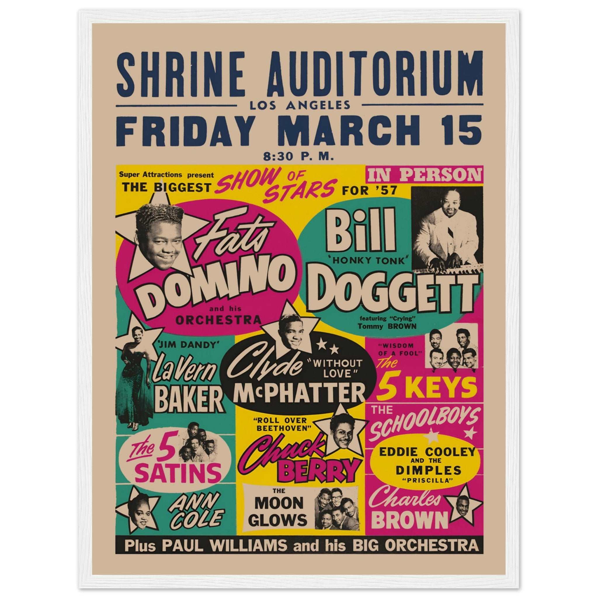 Classic rock and roll poster with Bill Doggett Chuck Berry and Lavern Baker live in Los Angeles