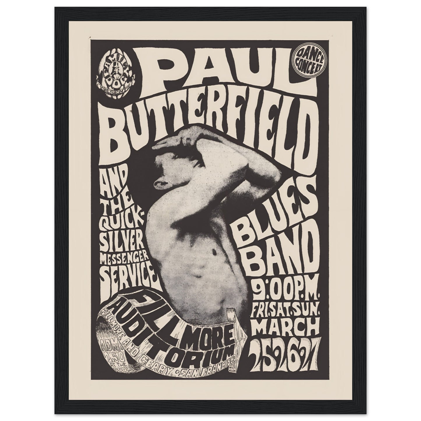 Black and white abstract typography poster in psychedelic 1960s graphic design style