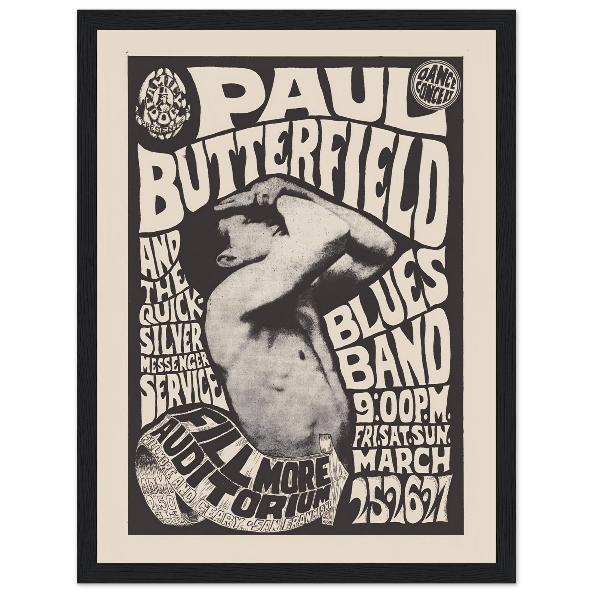 Black and white abstract typography poster in psychedelic 1960s graphic design style