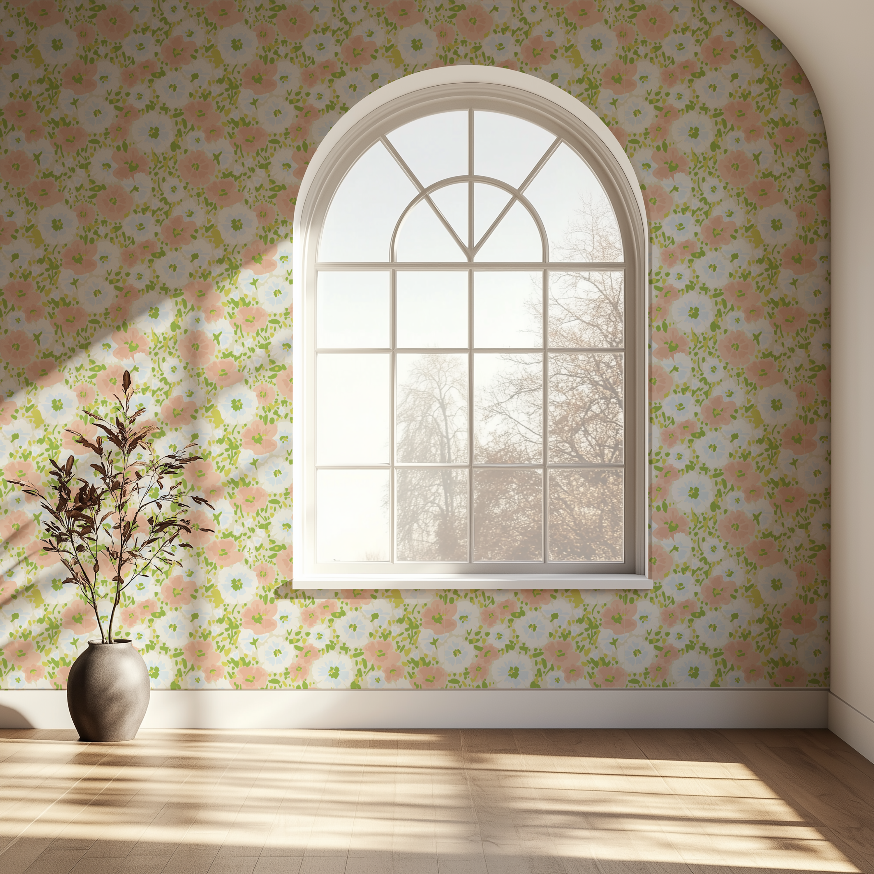 Blush floral botanical wallpaper creating a cozy vintage-inspired bedroom with soft cream background.