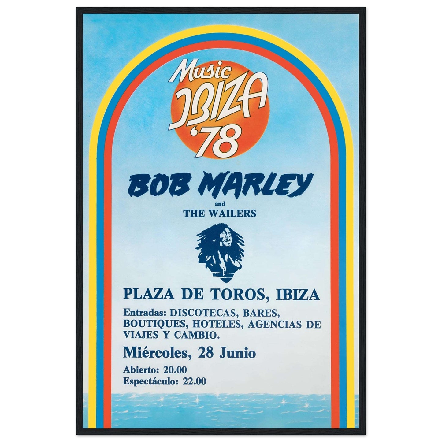 Vintage Bob Marley Ibiza 78 concert poster featuring colorful rainbow graphic design