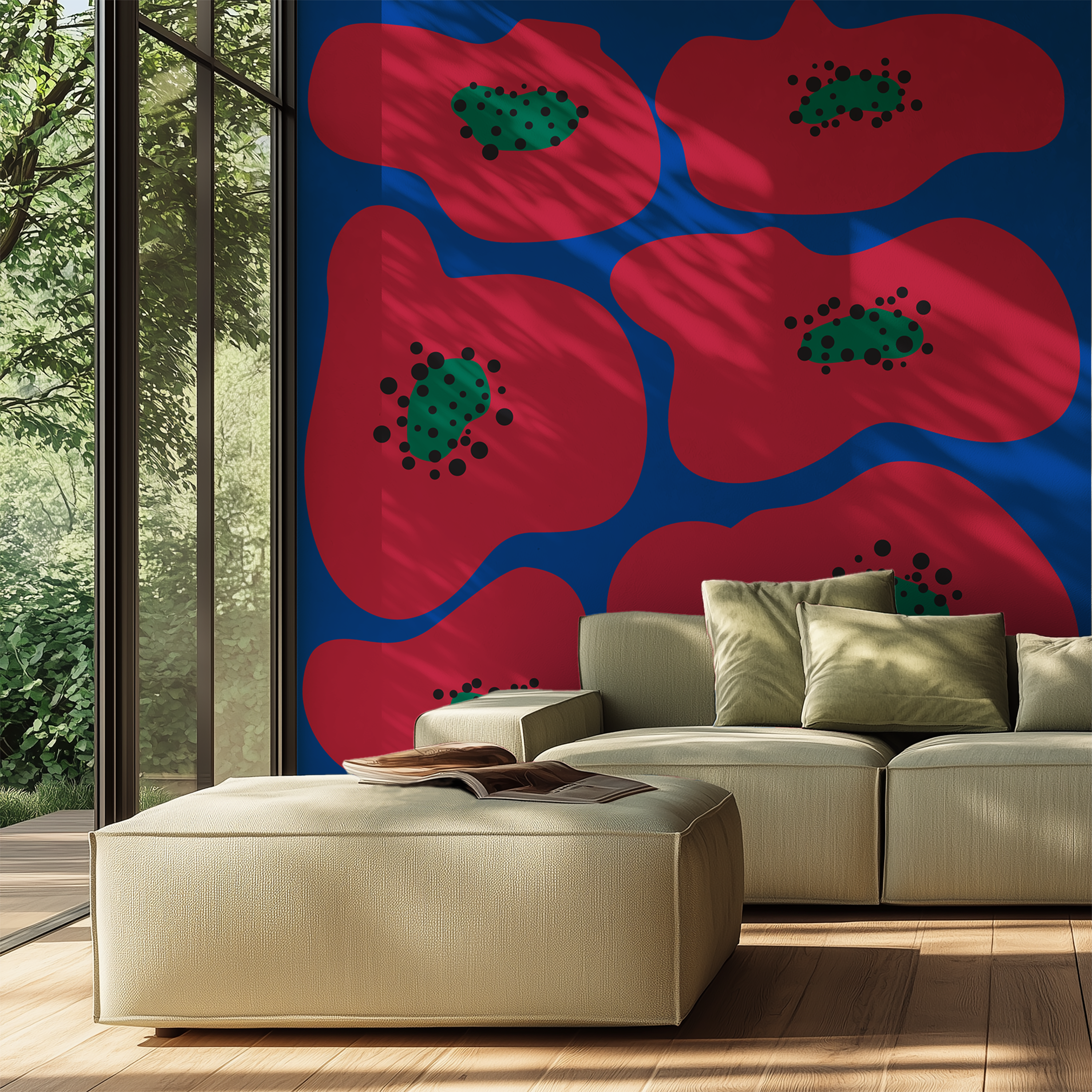 Bold graphic flower wallpaper with oversized crimson and cobalt botanical forms