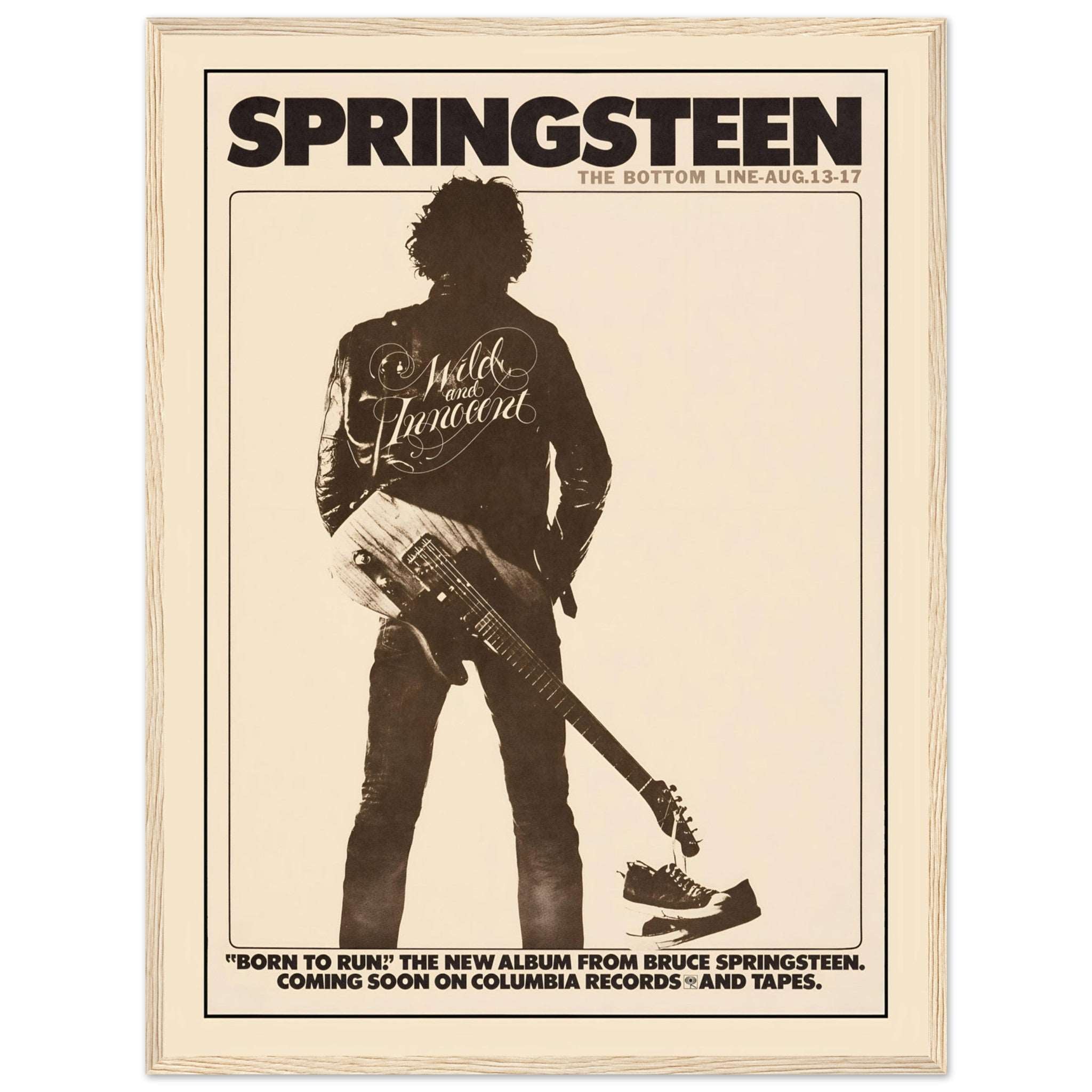 Retro Bruce Springsteen wall art with guitar silhouette, Born to Run album inspired rock poster