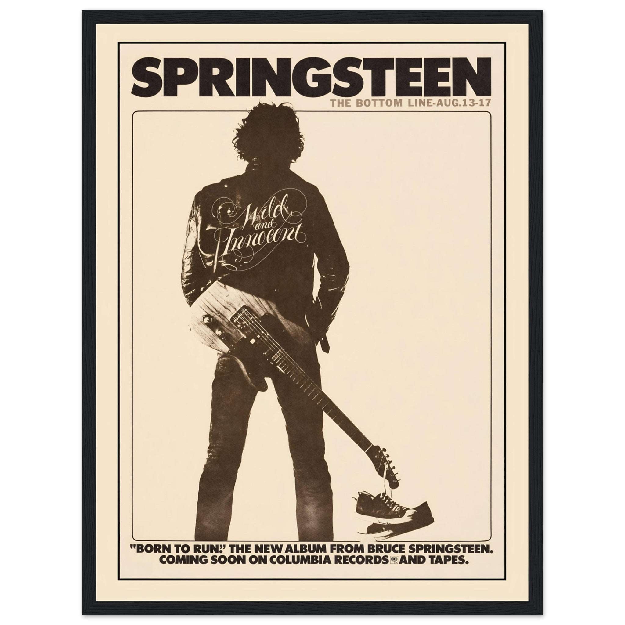 Bruce Springsteen Born to Run album poster, retro black and white rock artwork for music lovers