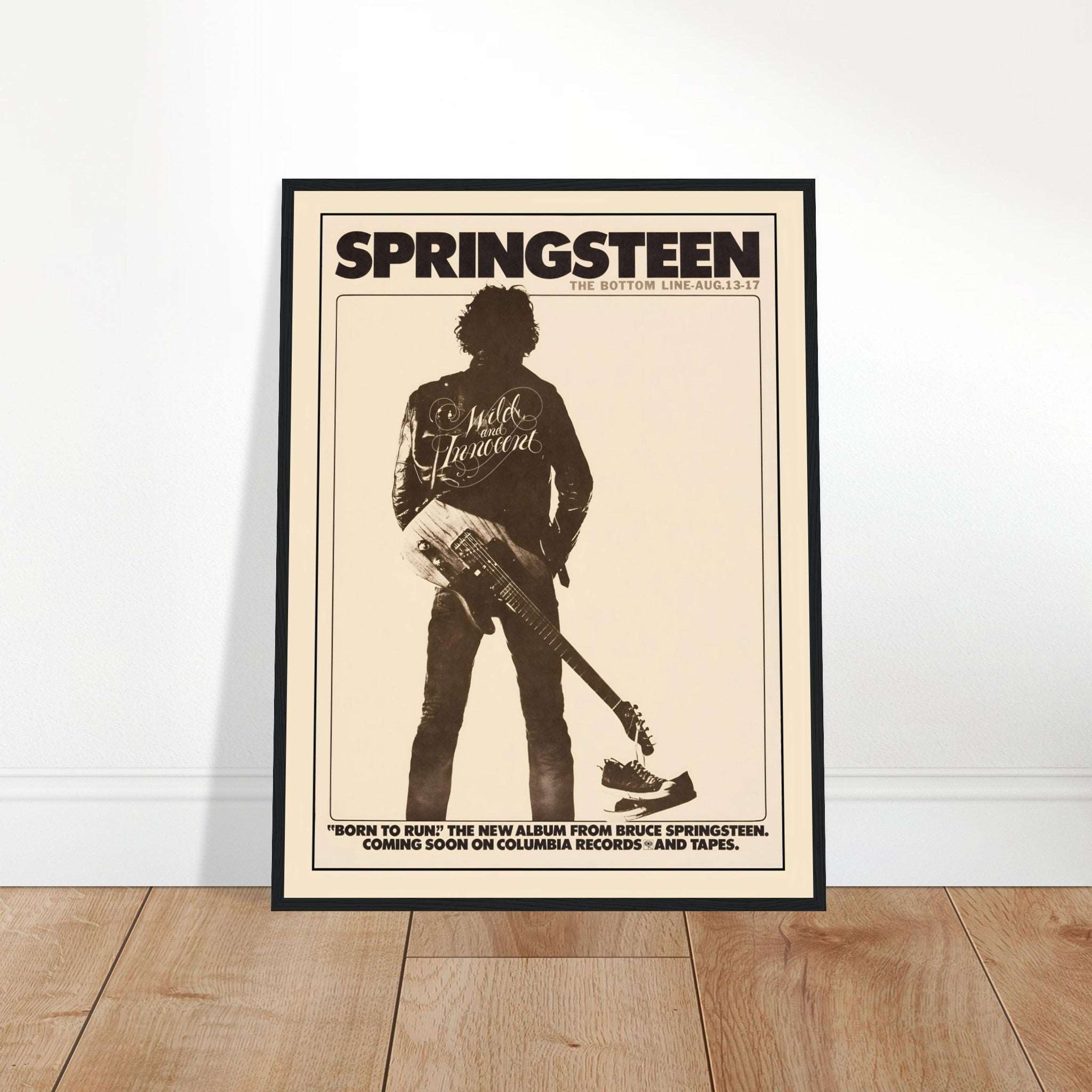 Vintage Bruce Springsteen Born to Run poster featuring iconic silhouette with guitar, classic rock music wall art