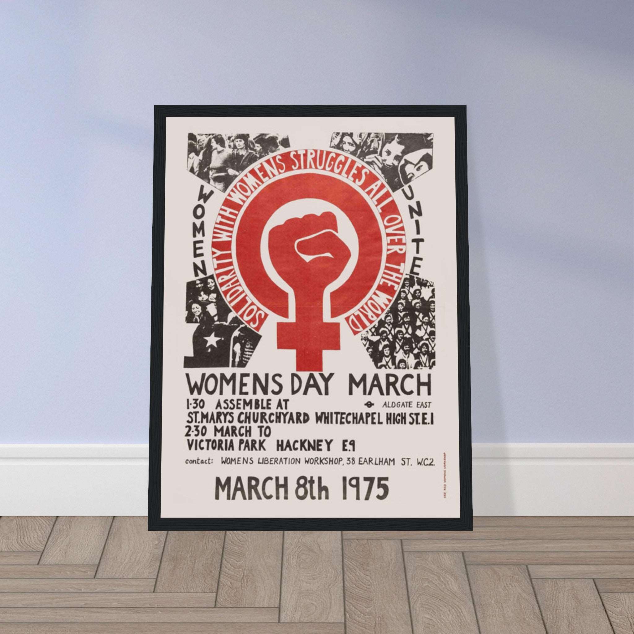 Detailed view of the feminist vintage 1975 art poster, highlighting intricate design and powerful women’s art for modern decor.