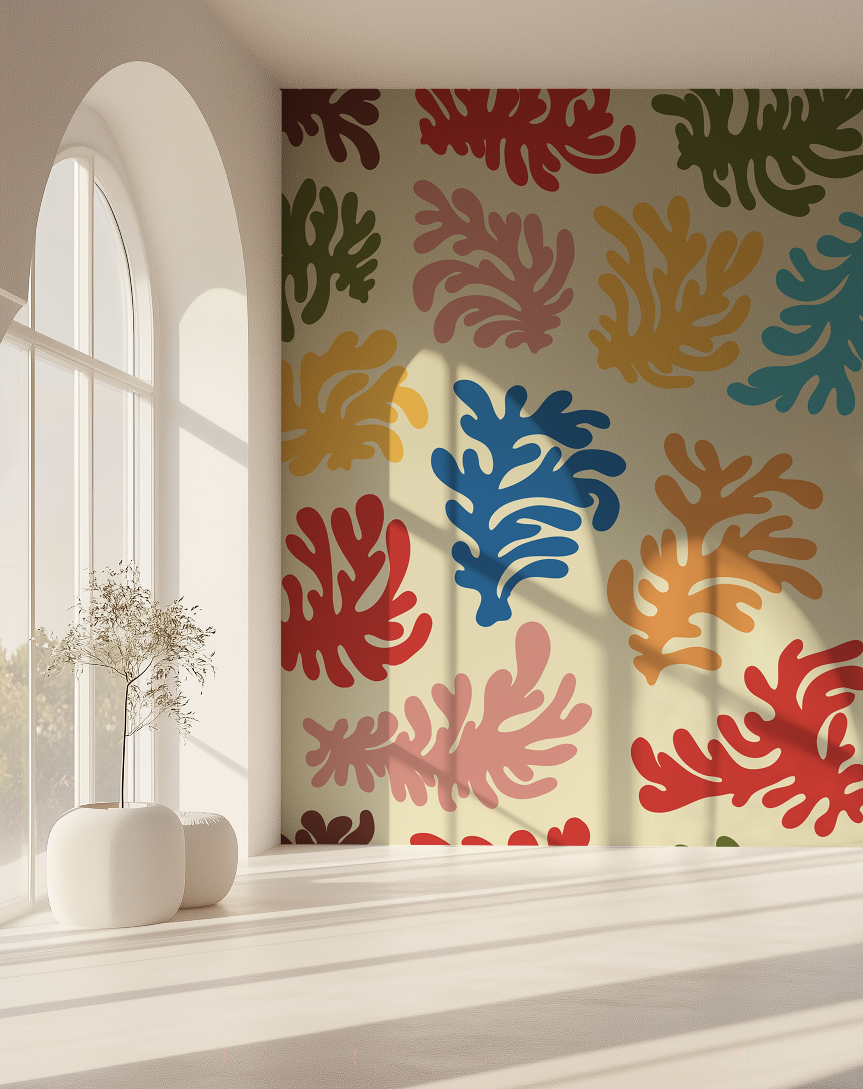 Colorful abstract botanical wallpaper with organic leaf shapes on cream