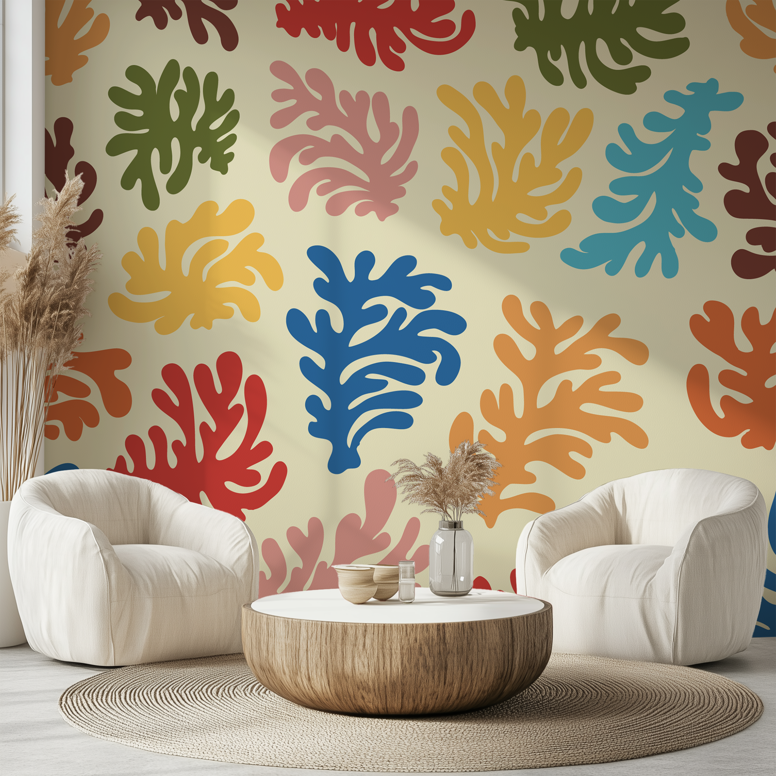 Colorful modern botanical wallpaper with playful organic forms